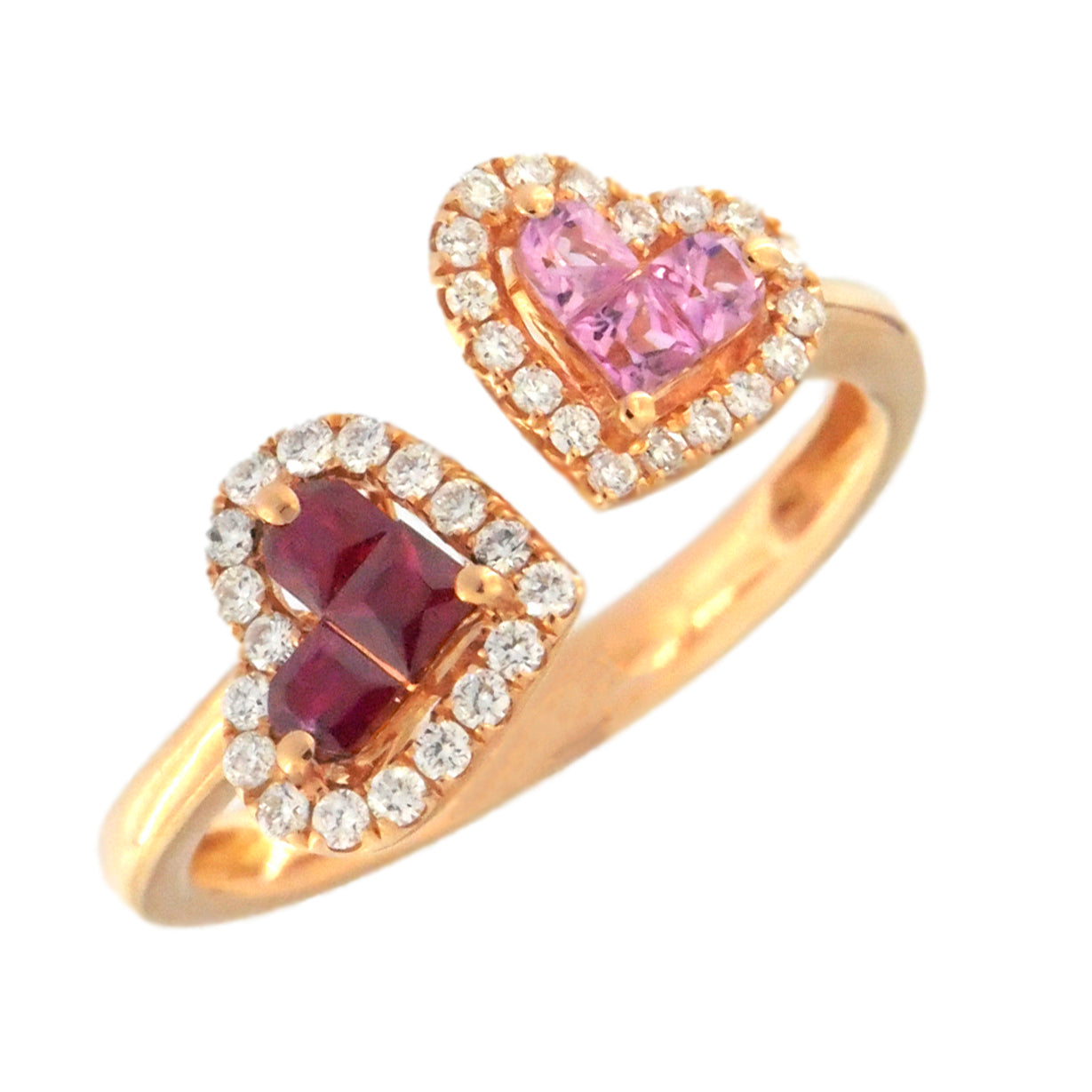 Anello Contrariè a Cuore in Oro Rosa con Zaffiri, Rubini e Diamanti Naturali