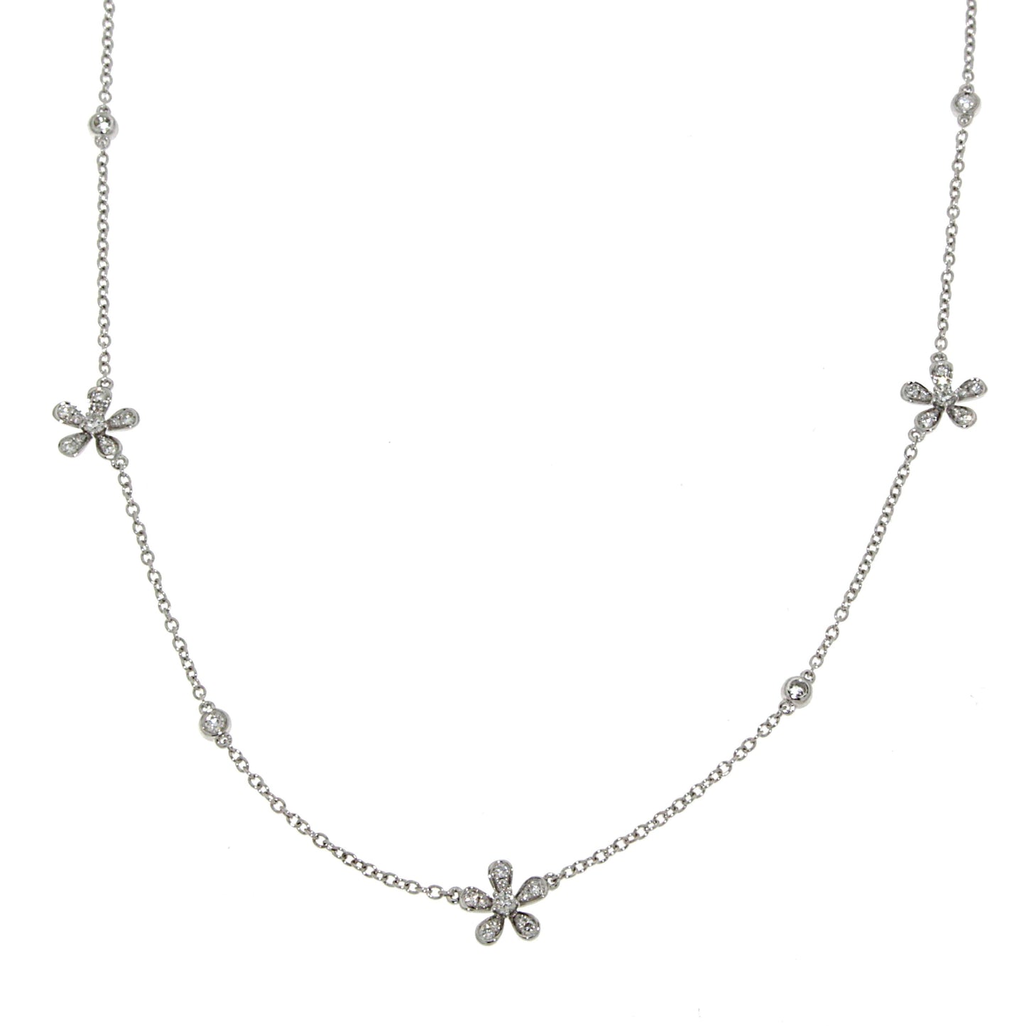 Collana in Oro Bianco con Fiori in Pavé di Diamanti Naturali