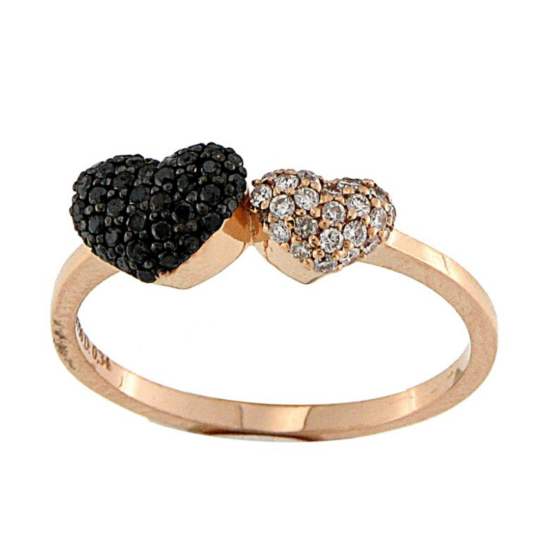 Anello Cuori in Oro Rosa con Diamanti Bianchi e Neri