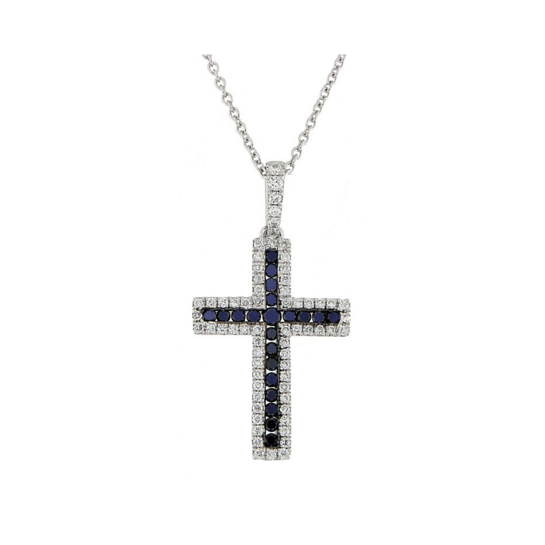 Collana Croce in Oro con Zaffiri e Diamanti